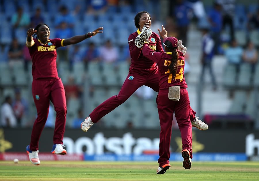Merissa Aguilleira jumps up in delight as she celebrates West Indies' six-run win