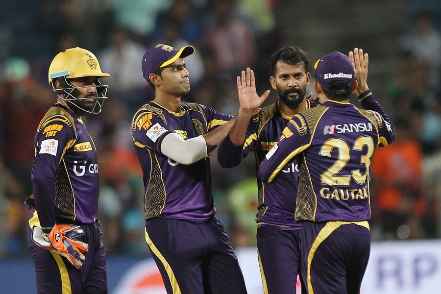 R Sathish is congratulated after a wicket