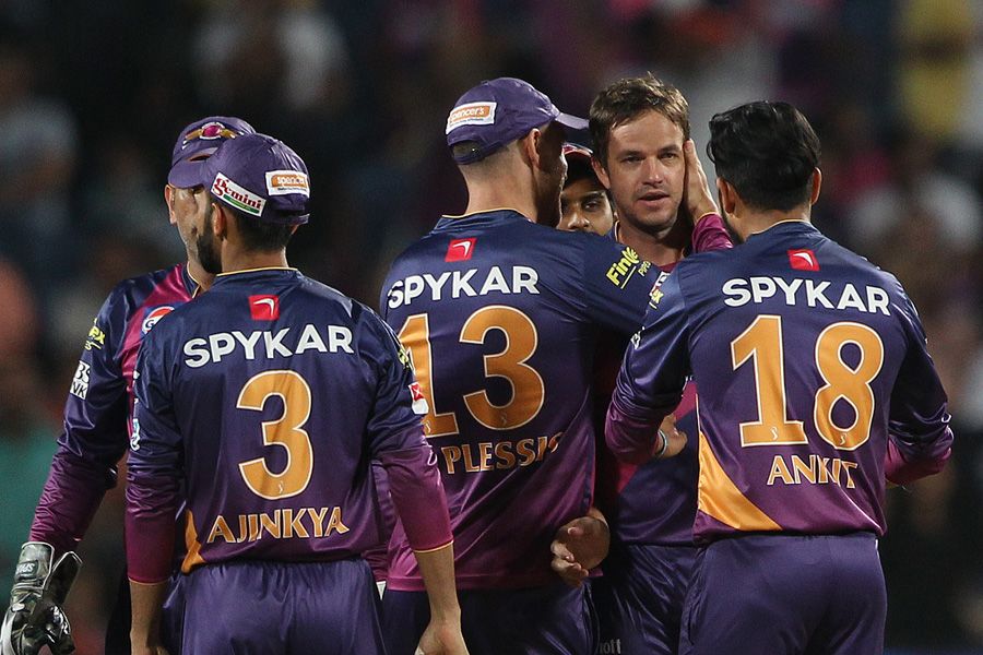Albie Morkel is congratulated after his first-ball wicket