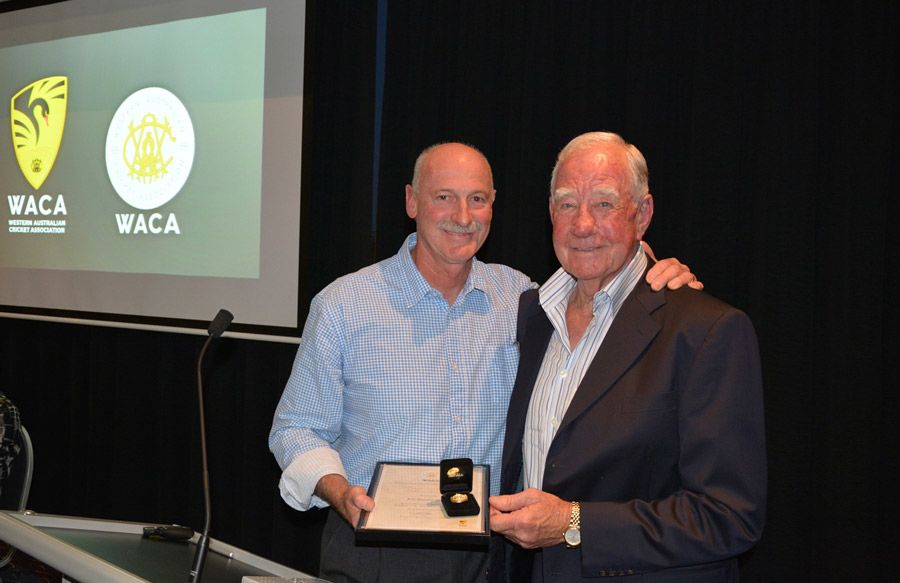 Keith Slater, a former Western Australia allrounder and Test player, receives an honorary life membership of the WACA from Dennis Lillee