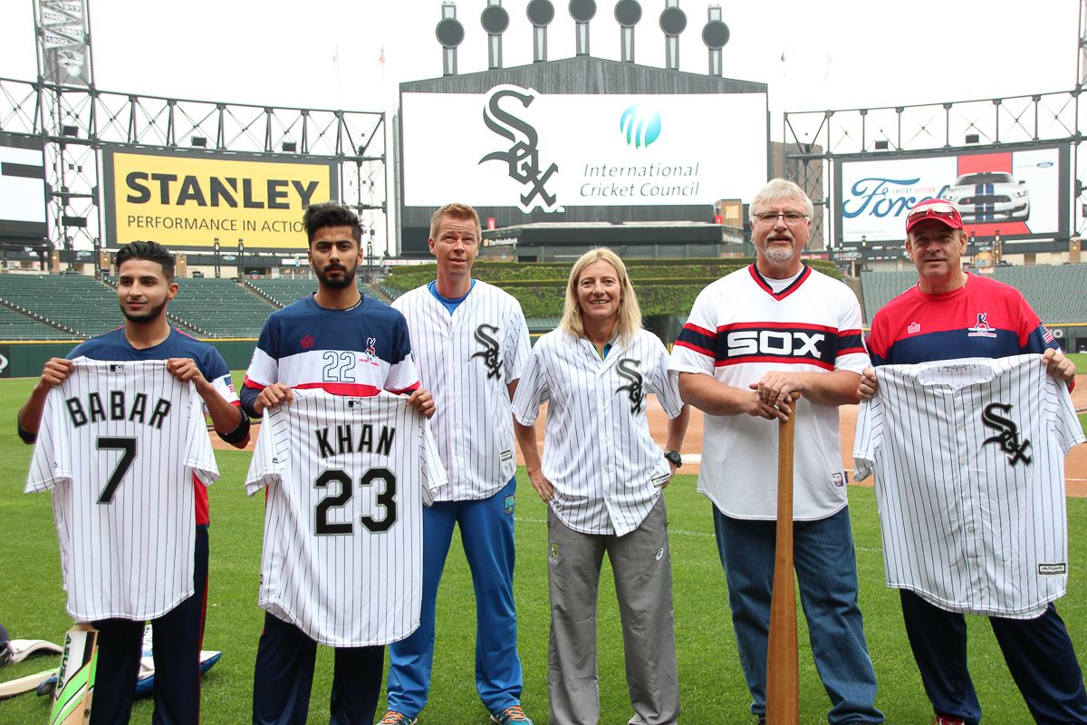 USA's Fahad Babar and Ali Khan join former Chicago White Sox player Ron Kittle and ICC coaches for a demo at US Cellular Field