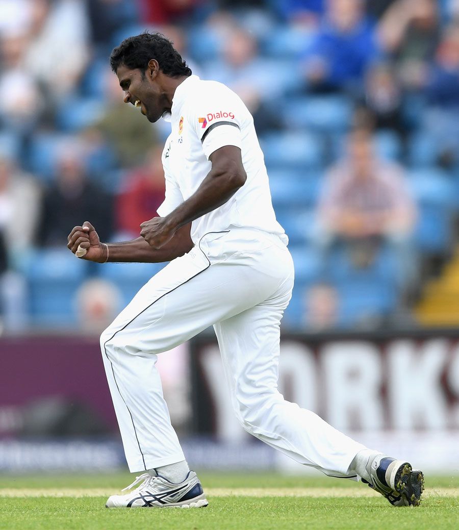 Shaminda Eranga celebrates the wicket of James Vince