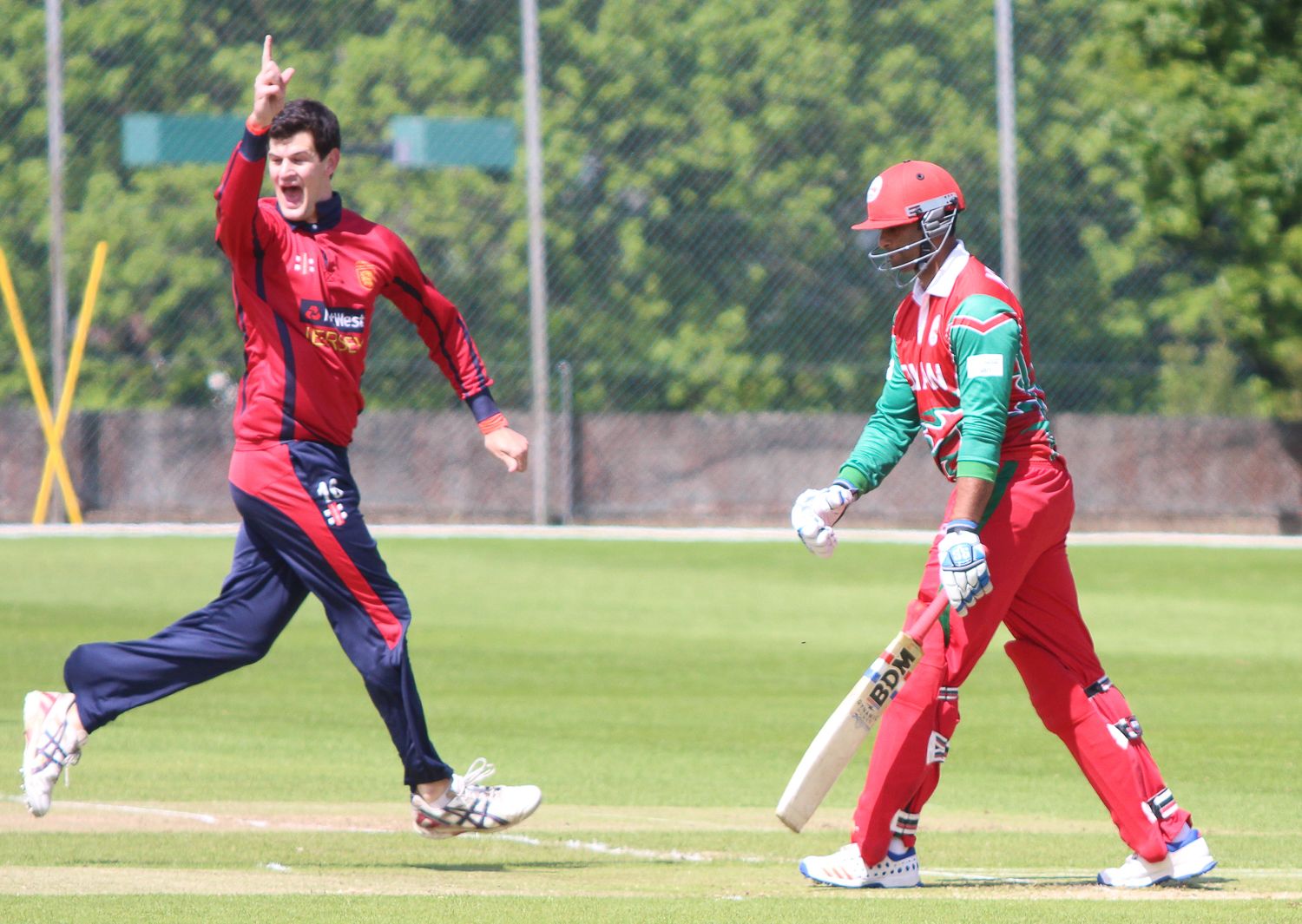 Anthony Hawkins-Kay celebrates the wicket of Khawar Ali