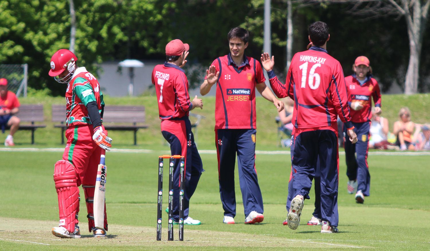 Ben Stevens is congratulated after taking the wicket of Zeeshan Siddiqui