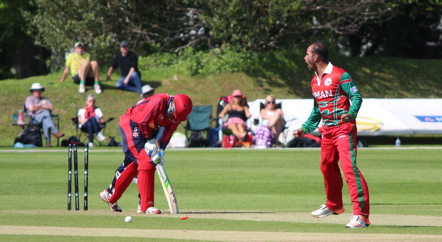 Munis Ansari yorks Peter Gough for the first of his five wickets