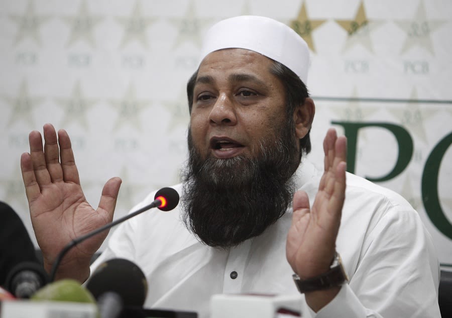 Inzamam-ul-Haq addresses a press conference