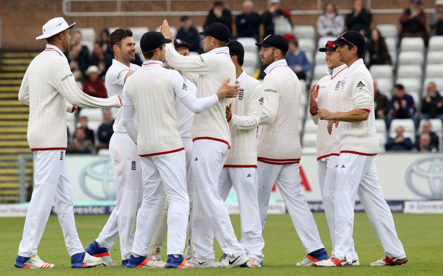 James Anderson is congratulated for the wicket of Milinda Siriwardana