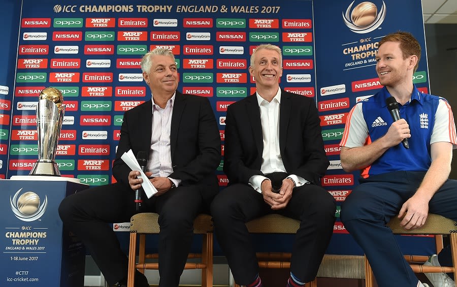 David Richardson, Steve Elworthy and Eoin Morgan address the media during the Champions Trophy 2017 launch