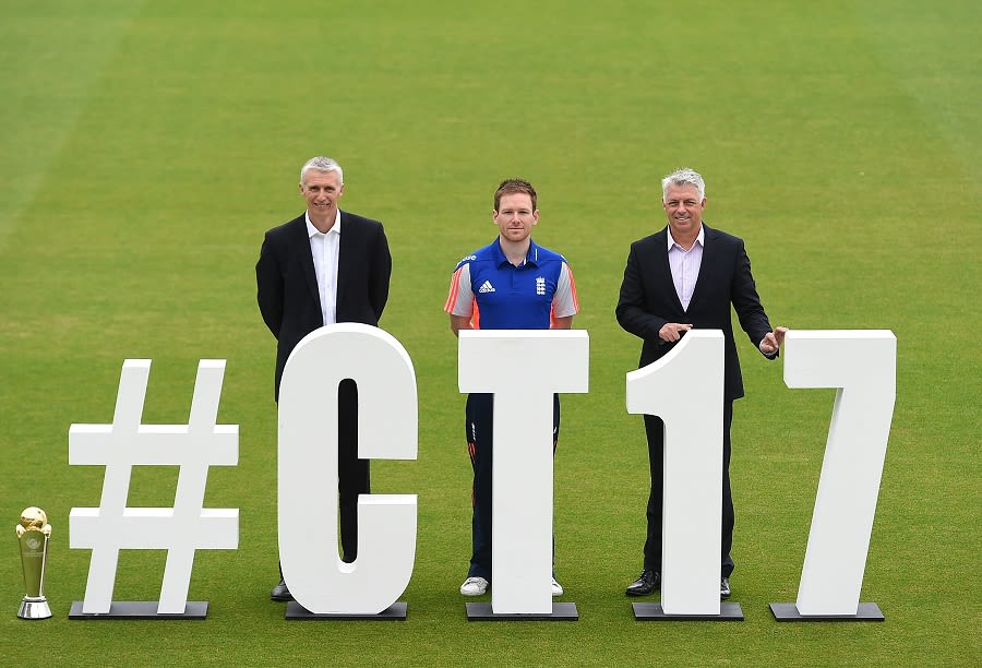 Steve Elworthy, Eoin Morgan and David Richardson during the Champions Trophy 2017 launch
