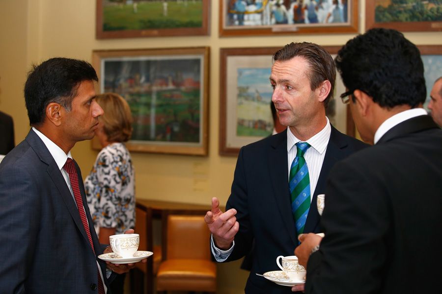 John Stephenson chats with Rahul Dravid and Anil Kumble during the ICC Cricket Committee Meeting