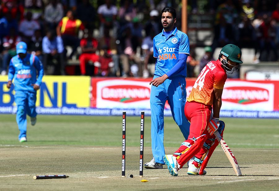 Barinder Sran bowled Sikandar Raza off the inside edge