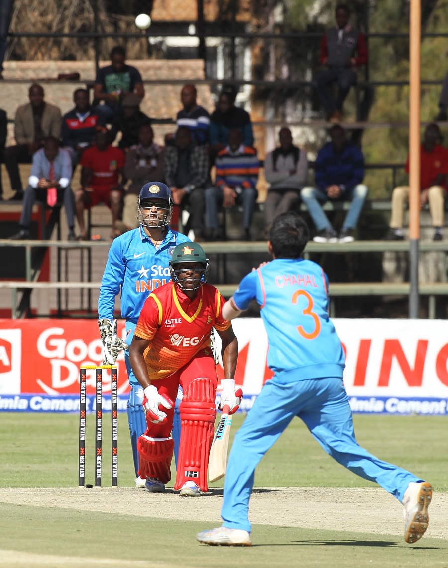 Yuzvendra Chahal gets ready to take a catch to dismiss Vusi Sibanda