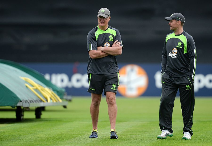 Ireland coach John Bracewell and captain William Porterfield inspect conditions before play