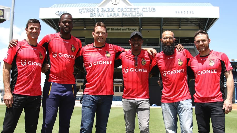 Simon Helmot, Kevon Cooper, Jacques Kallis, Dwayne Bravo, Hashim Amla and Brendon McCullum at the launch of the Trinbago Knight Riders kit