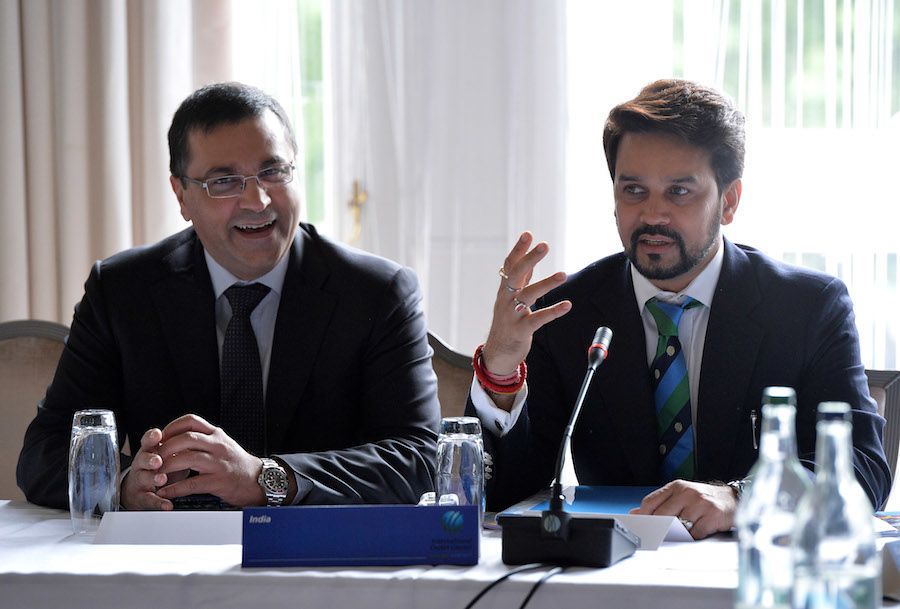 BCCI chief executive Rahul Johri looks on as president Anurag Thakur talks