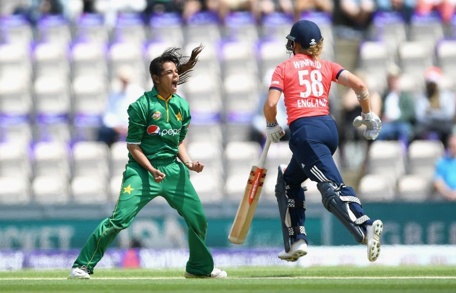 Aiman Anwer celebrates the wicket of Lauren Winfield