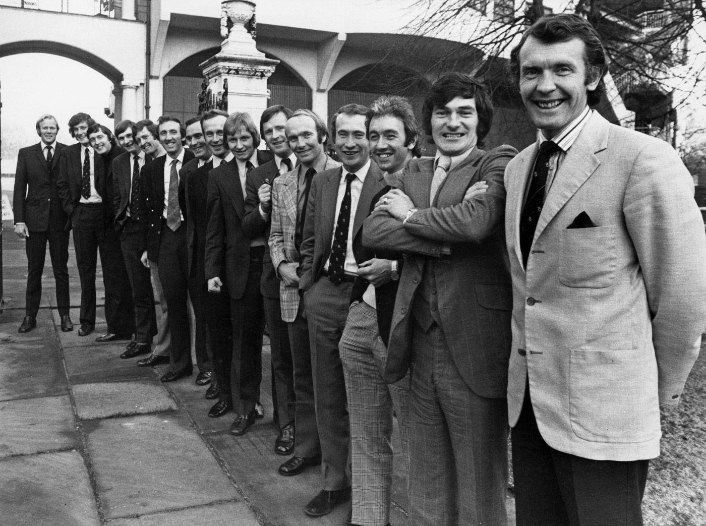 The England players pose for a photo outside Lord's. From left: Tony Greig, Bob Willis, Mike Hendrick, Chris Old, Pat Pocock, Geoff Arnold, John Jameson, Derek Underwood, Frank Hayes, Dennis Amiss, Jack Birkenshaw, Keith Fletcher, Bob Taylor, Alan Knott and Mike Denness
