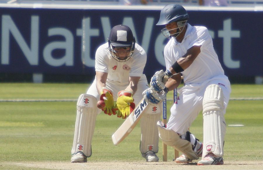 Raju Rijal steers the ball through the off side