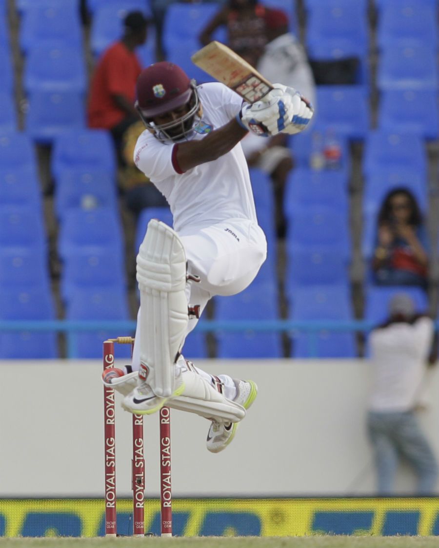 Rajendra Chandrika awkwardly tries to evade a short ball