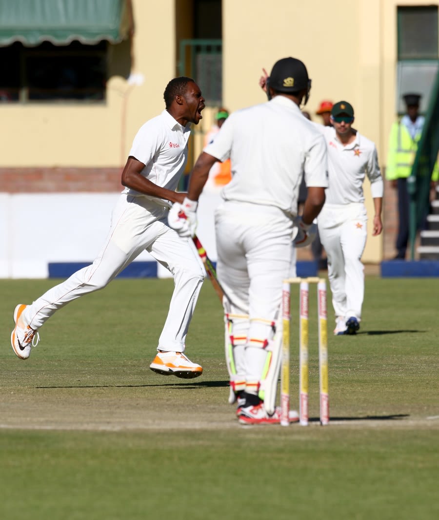 Michael Chinouya celebrates after dismissing Ish Sodhi