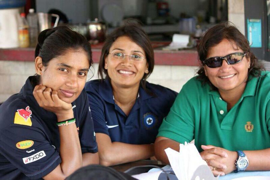 Mithali Raj, assistant coach Devika Palshikar and Purnima Rau at the 2014 World T20