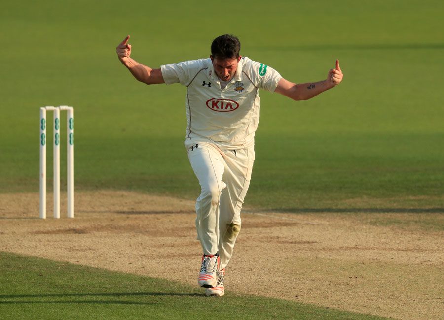 Mark Footitt celebrates one of his five wickets