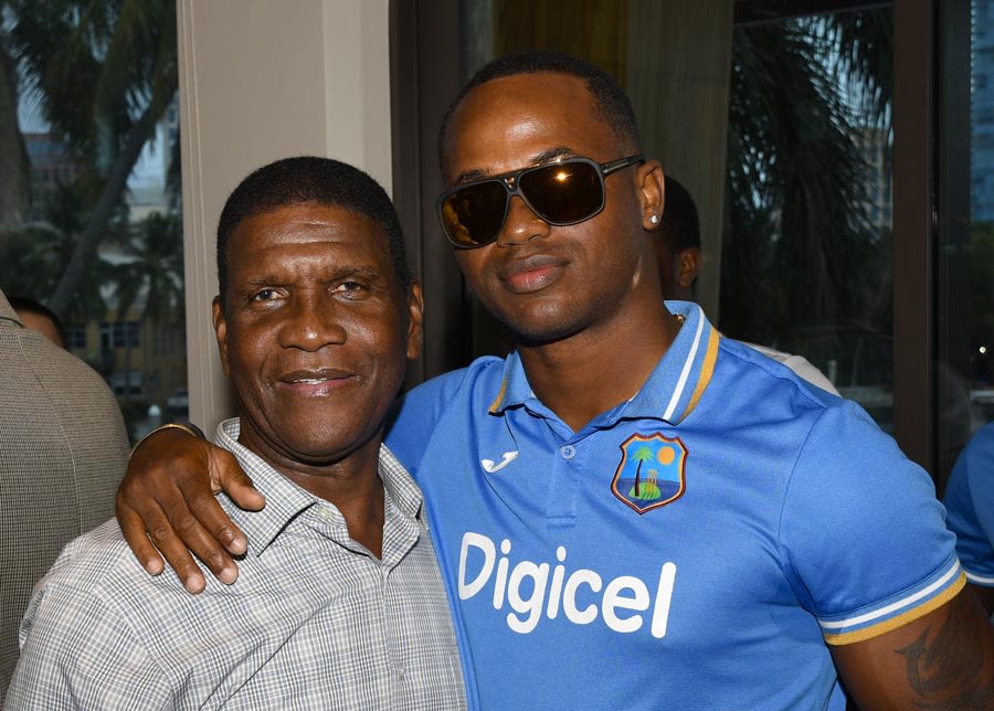 Marlon Samuels meets former West Indies batsman Lawrence Rowe