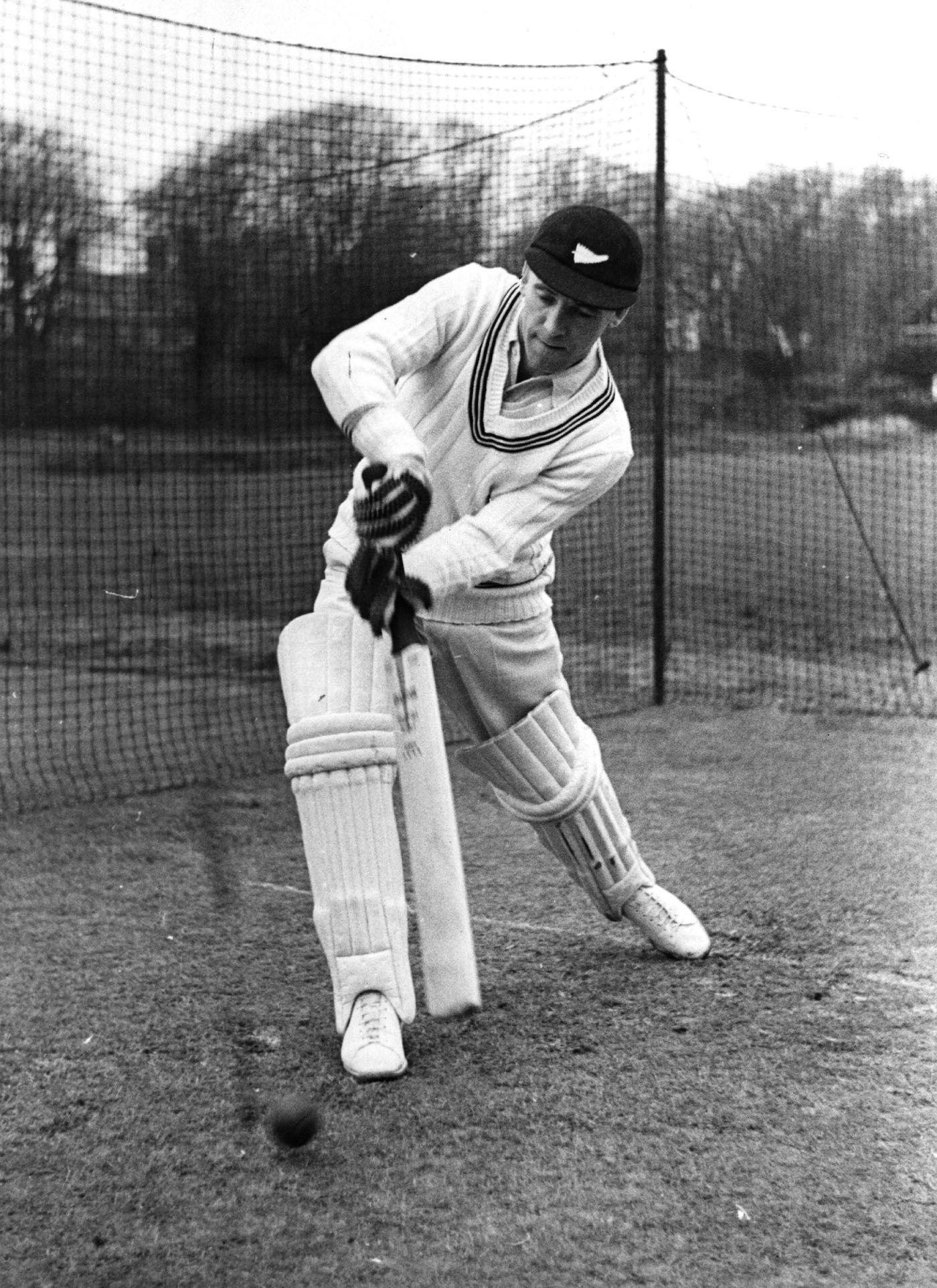 Martin Donnelly batting in the nets on New Zealand's 1949 tour