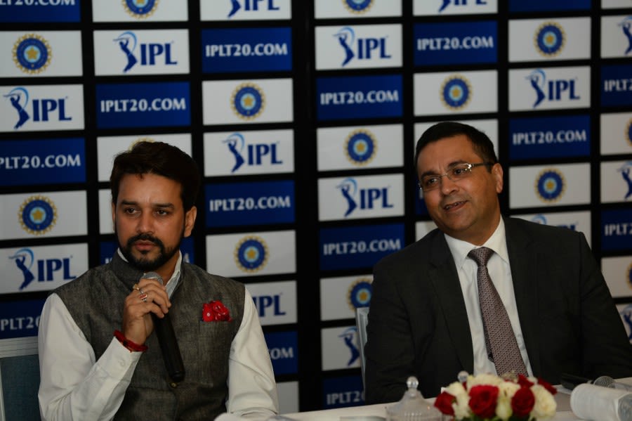 BCCI President Anurag Thakur and CEO Rahul Johri address a press conference