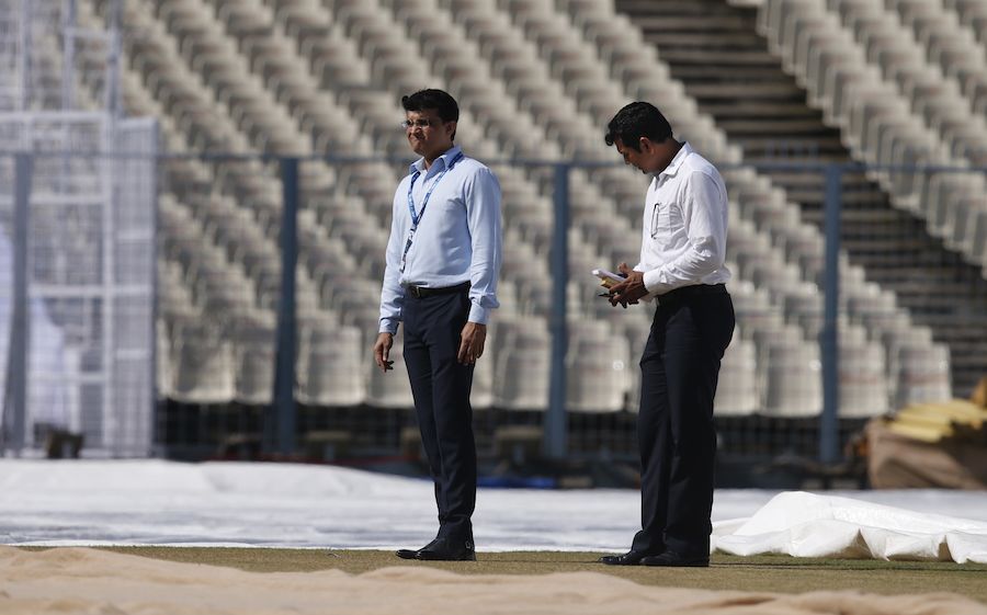 Sourav Ganguly and national selector Devang Gandhi near the Eden Gardens pitch