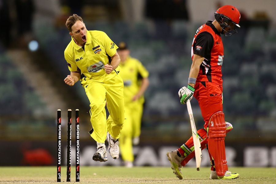 Nathan Rimmington is pumped after a wicket
