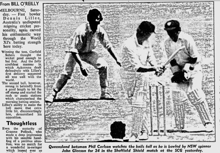 A news report in the <i>Sydney Morning Herald</i> features John Gleeson's dismissal of Phil Carlson in a 1971-72 Shield Game