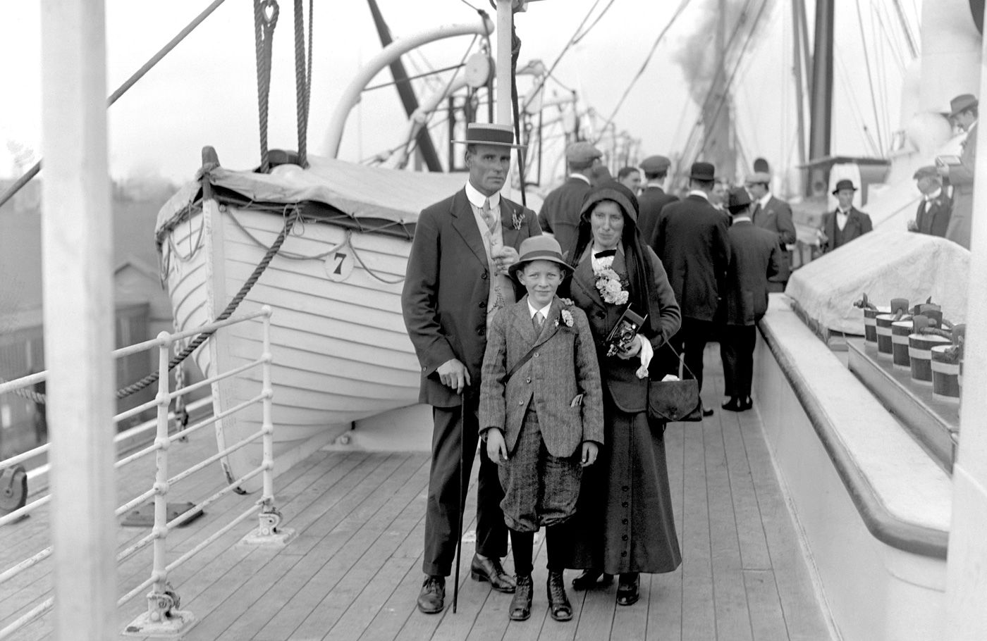 Sydney Barnes with his wife and son on board the RMS <i>Saxon</i> to South Africa