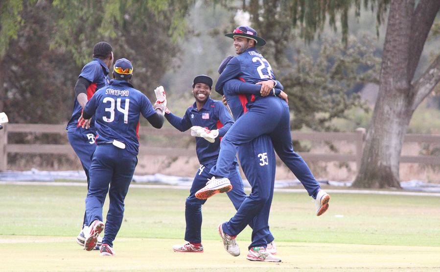 Ravi Timbawala celebrates after running out Steven Bremar