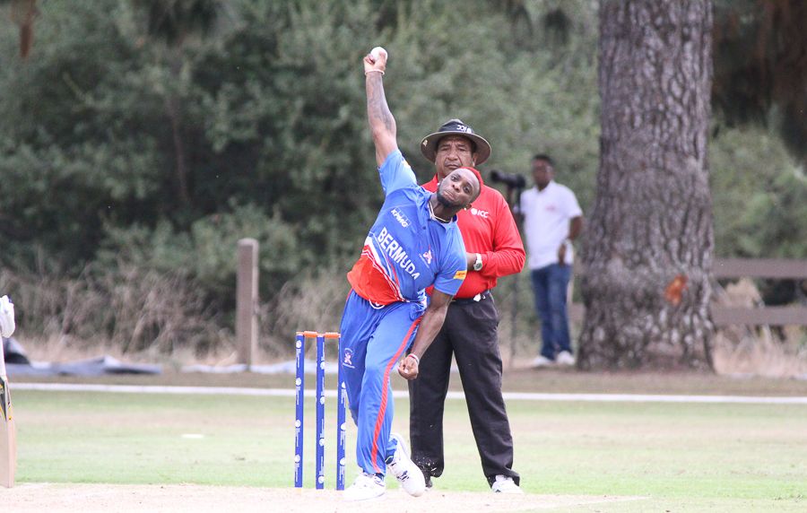 Kamau Leverock bowls during his second spell