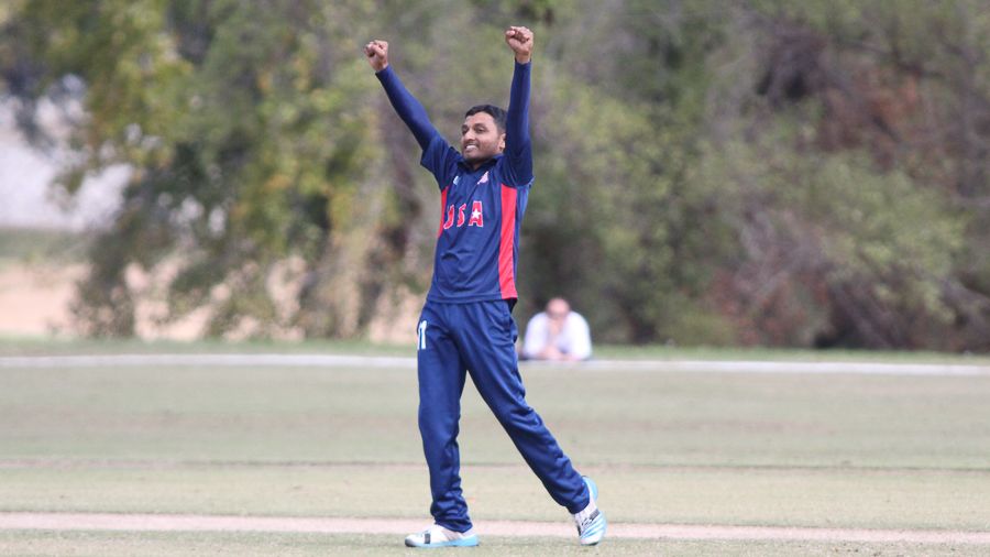 Timil Patel celebrates after claiming his second five-for of the tournament