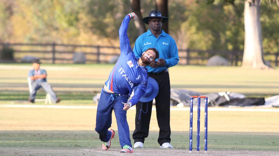Carl Sandri bowls a doosra during his spell of 3 for 49