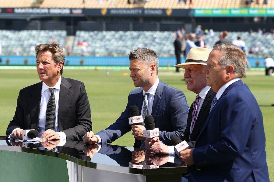 Mark Nicholas, Michael Clarke, Ian Chappell and Ian Healy sit together before the start of play