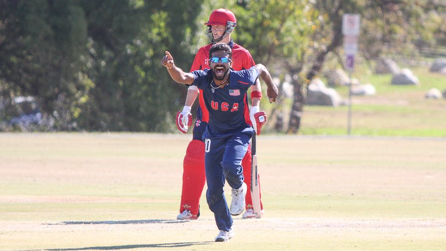Prashanth Nair celebrates after taking the wicket of Nat Watkins