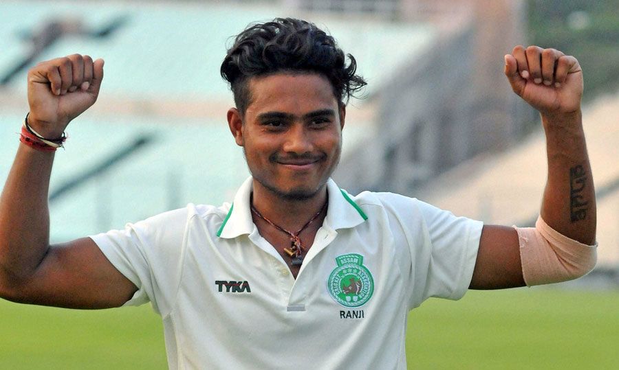 Assam's Arup Das celebrates taking seven wickets on day two against Saurashtra