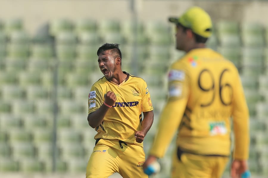Abul Hasan exults after taking a wicket