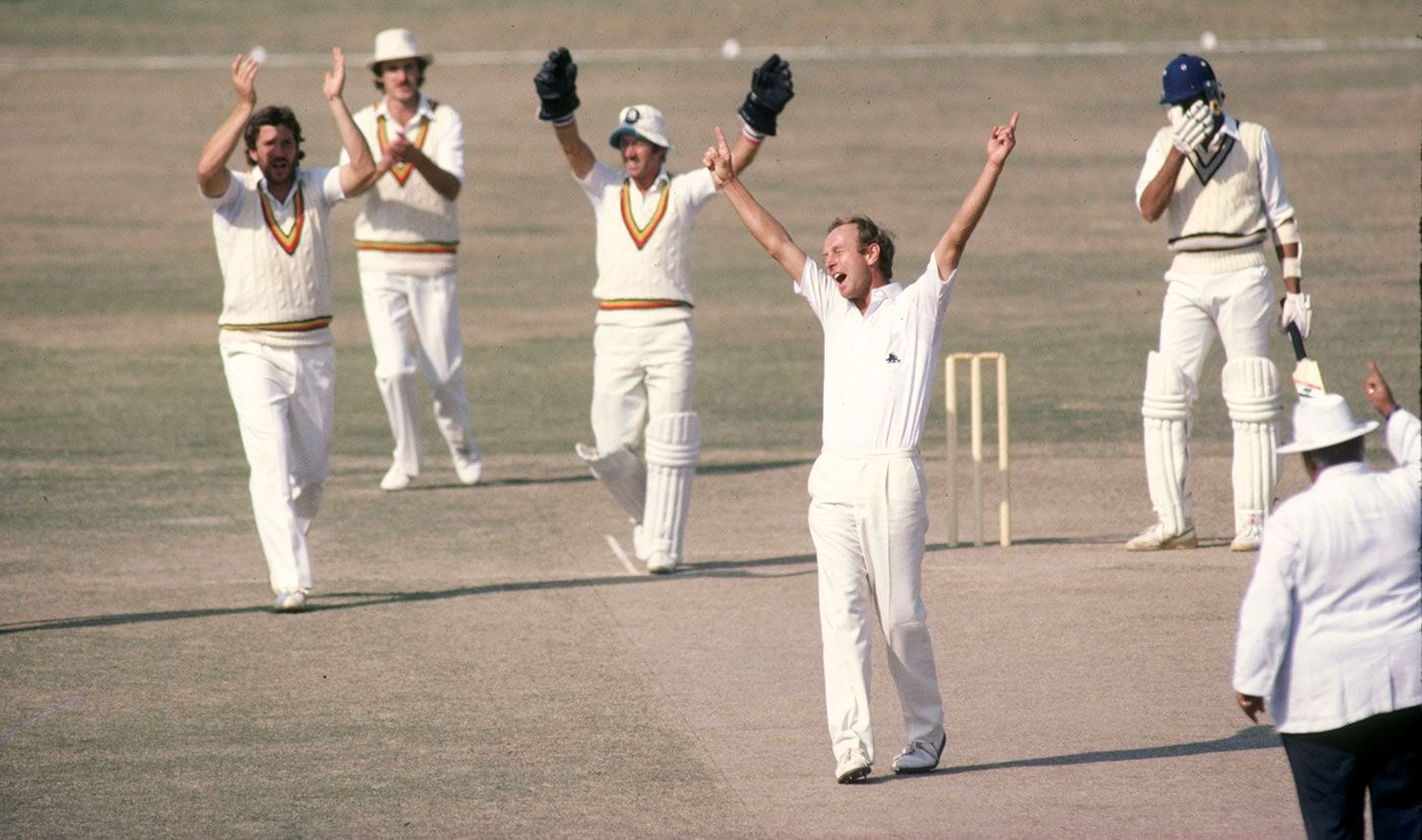 Derek Underwood celebrates the wicket of Kirti Azad