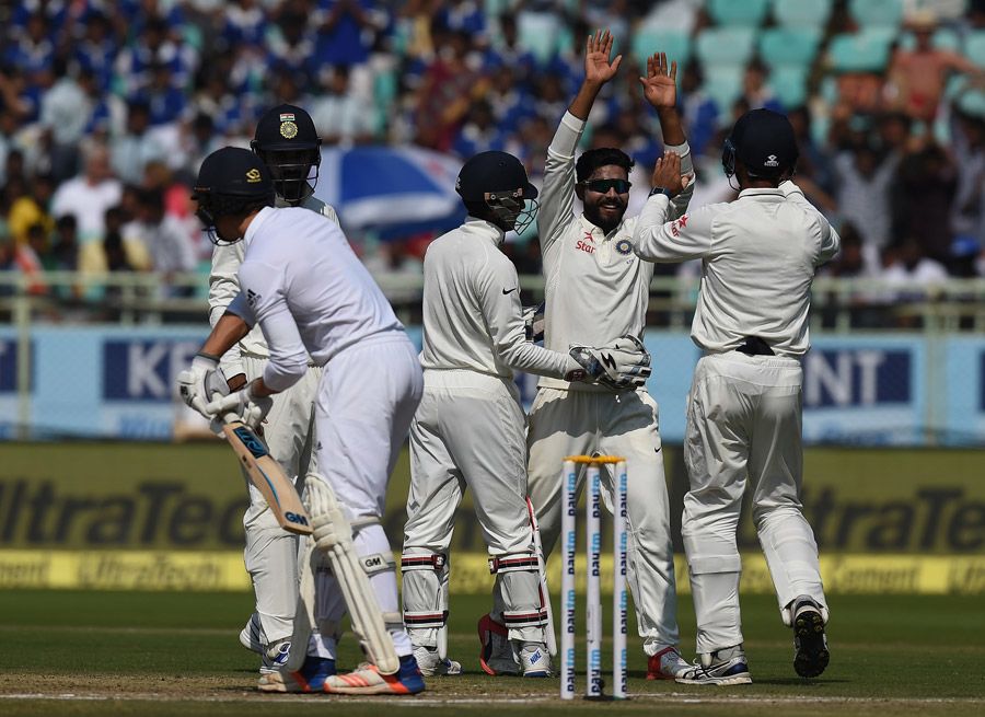Ravindra Jadeja celebrates as Zafar Ansari thinks reviewing his lbw
