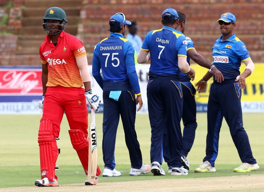 Chamu Chibhabha was trapped in front by Nuwan Kulasekara for 8