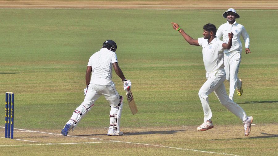 Paidikalva Vijaykumar celebrates after dismissing Sachin Baby
