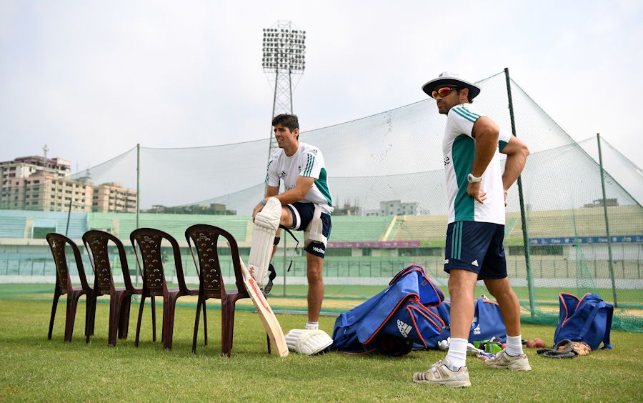 Mark Ramprakash, England's batting coach, alongside captain Alastair Cook in Chittagong