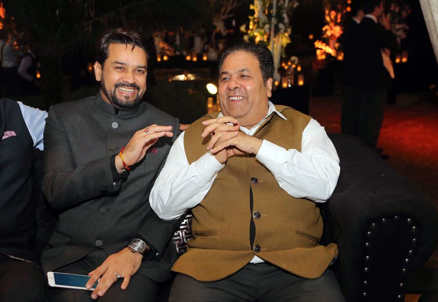 Anurag Thakur and Rajiv Shukla share a laugh at a cultural event