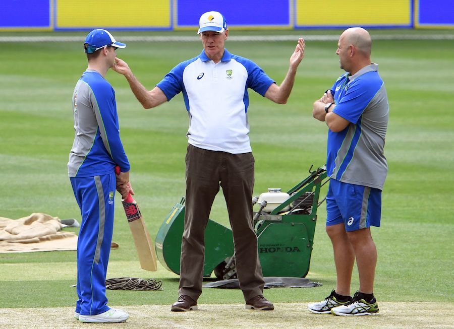 Steven Smith and Darren Lehmann listen to Greg Chappell