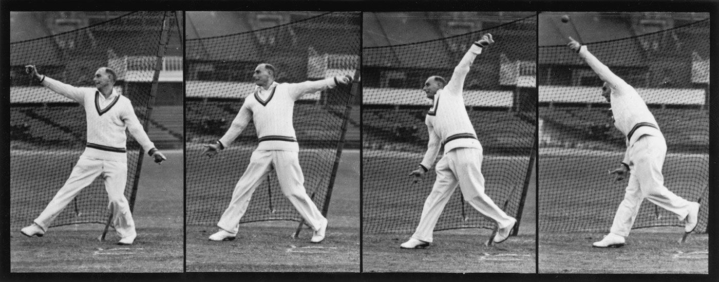 A composite of four images shows Hedley Verity's bowling action
