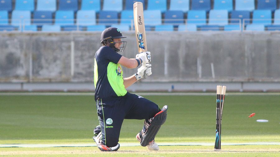 Greg Thompson is bowled behind his legs after attempting a scoop shot